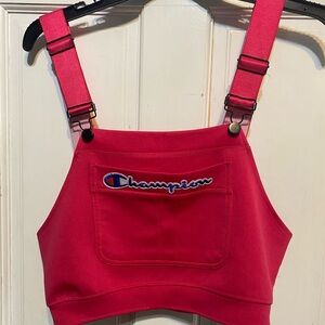 Hot Pink Suspender Crop Top with Champion logo added to front pocket